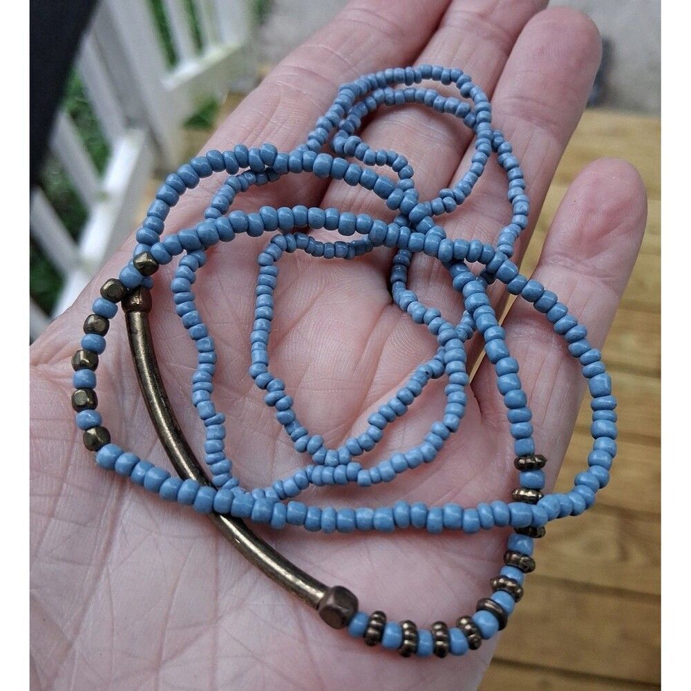 4 Pc Beaded Bracelet Set Stretch Blue & Gold Metal Beads